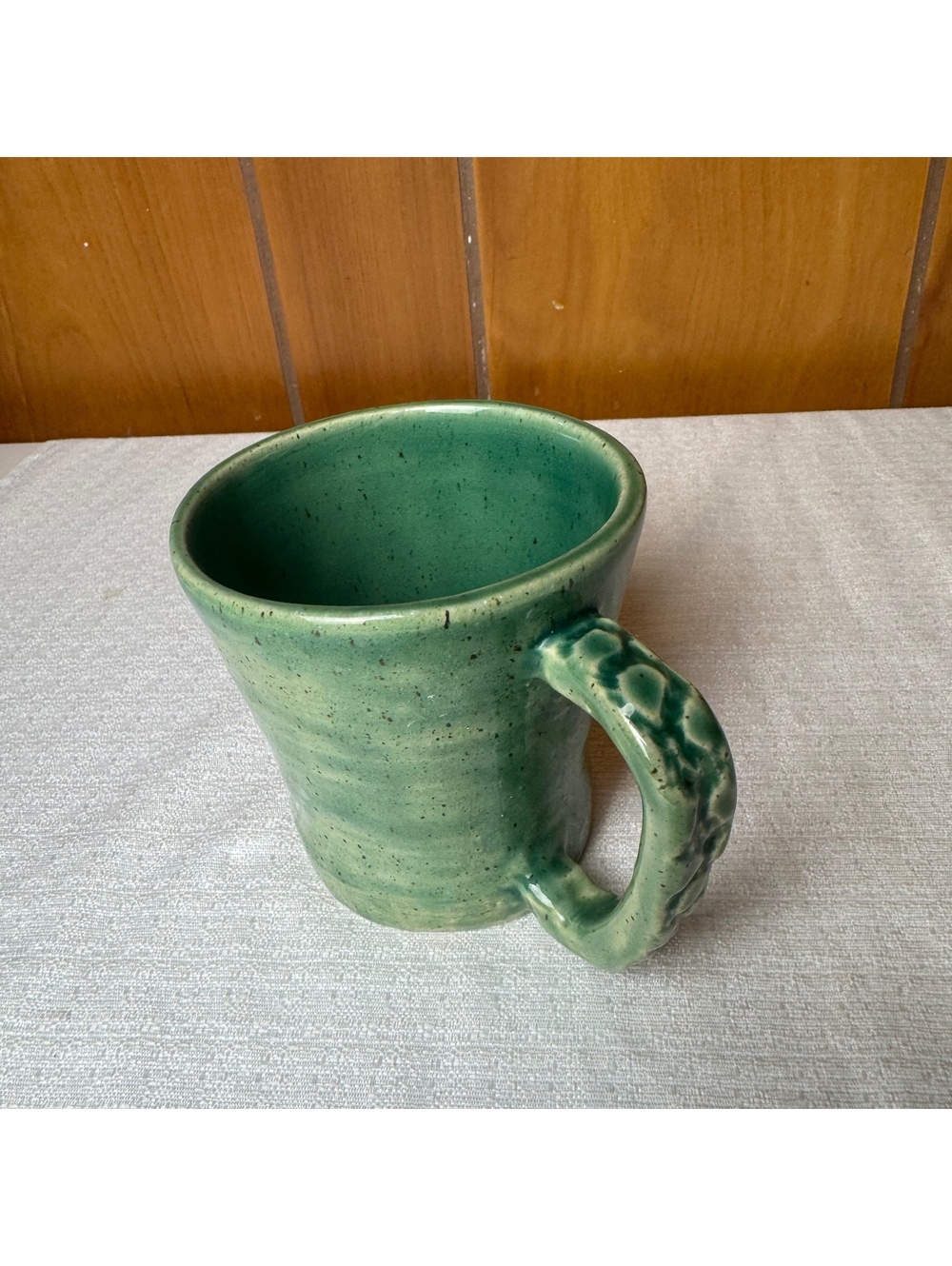 Vintage Handmade Pottery Mug Green Speckled Stoneware Coffee Cup Signed Artisan - Picture 2 of 8